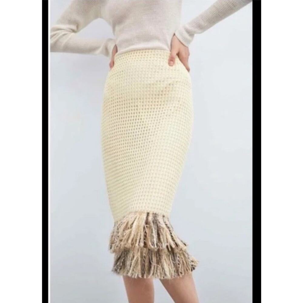 Zara Womens Skirt Small Cream Crochet Knit Fringe Midi Western Festival Boho